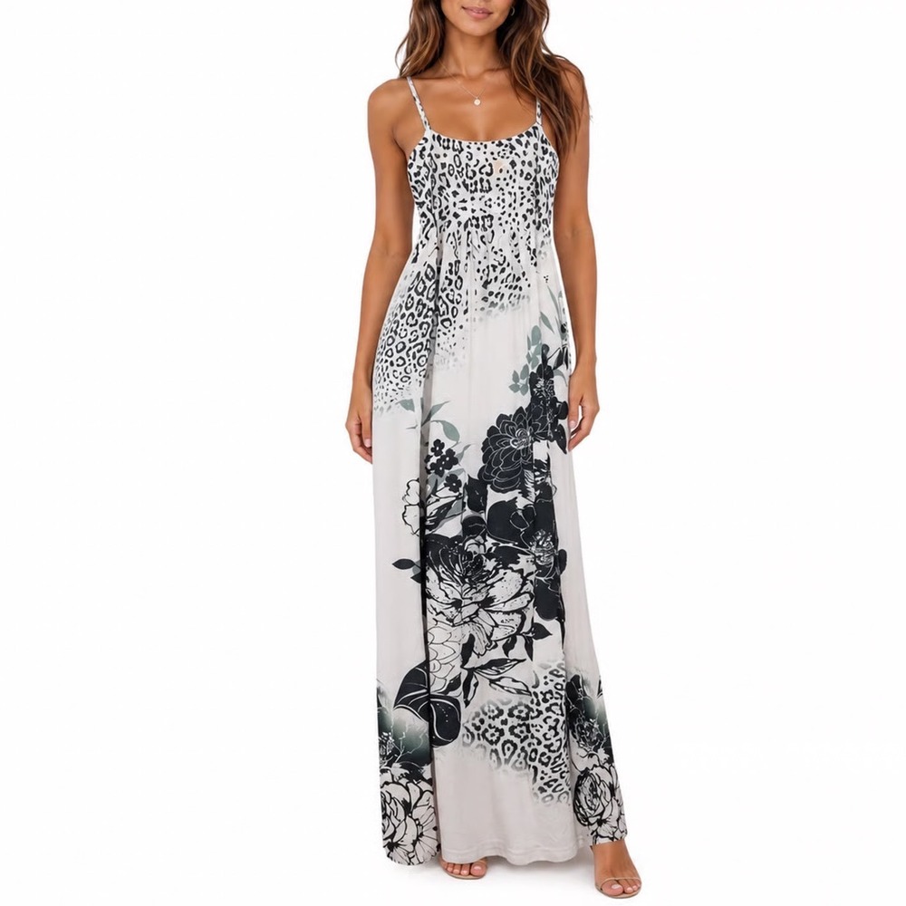 Ocean Blue Leopard Floral Maxi Dress XL White Black Smocked Spaghetti Strap